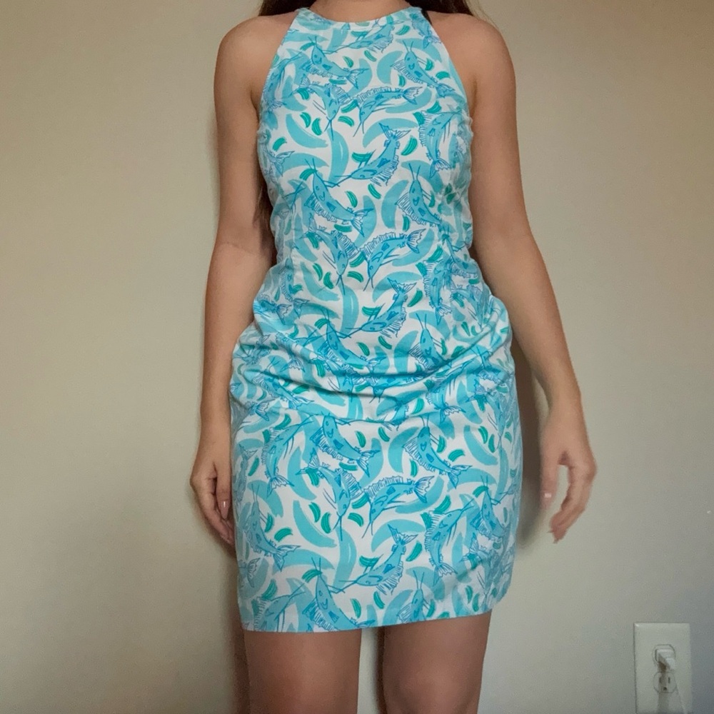 Lilly Pulitzer Aqua and White Fish Print Dress